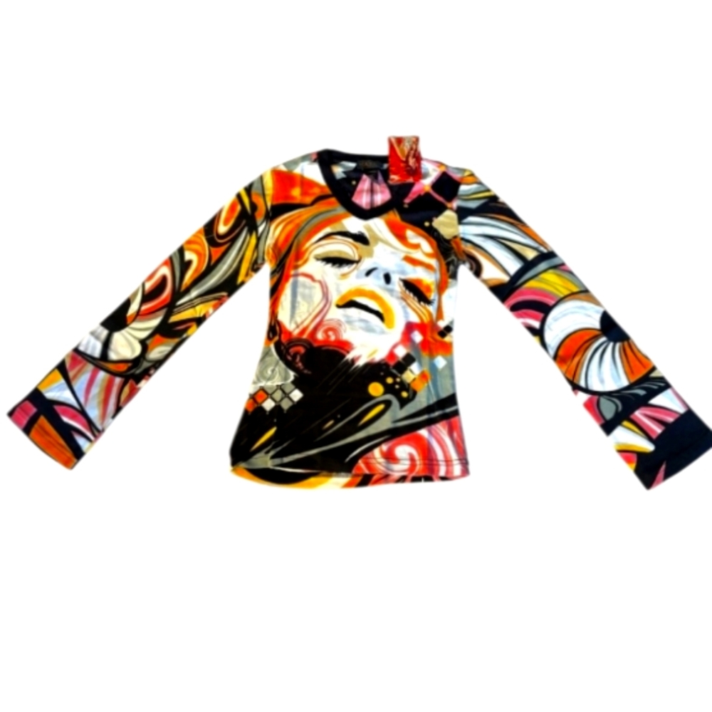 NWT Vintage Y2K Hayes Top S Long Flare Sleeve Custo Barcelona T-shirt Graphic - Picture 2 of 8